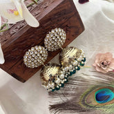 Vriksham Traditional Minakari Golden Dome With Green Beads & Pearls Jhumka-G20118